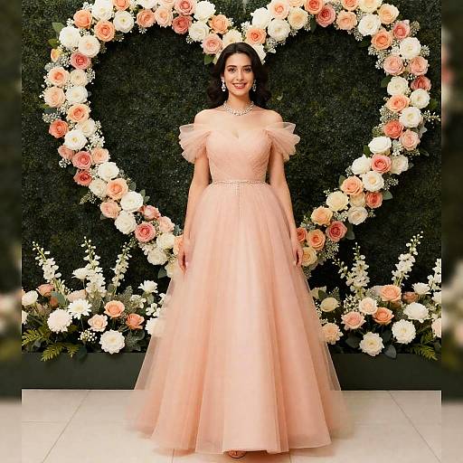 Elegant Woman in Peach Off-Shoulder Gown with Heart-Shaped Rose Floral Backdrop