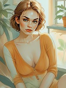 Portrait of a Woman in Orange Cardigan by Window