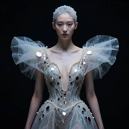 Avant-Garde Futuristic Woman's Dress with Sheer Fabric and Reflective Accents