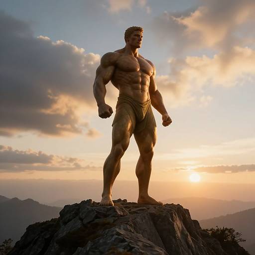 Strong Muscular Man Standing on Rocky Mountain Top at Sunset
