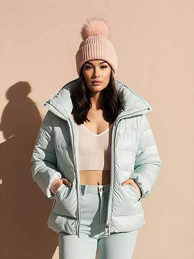 Woman in Modern Winter Chic Glossy Metallic Pink Puffer Jacket with Beanie
