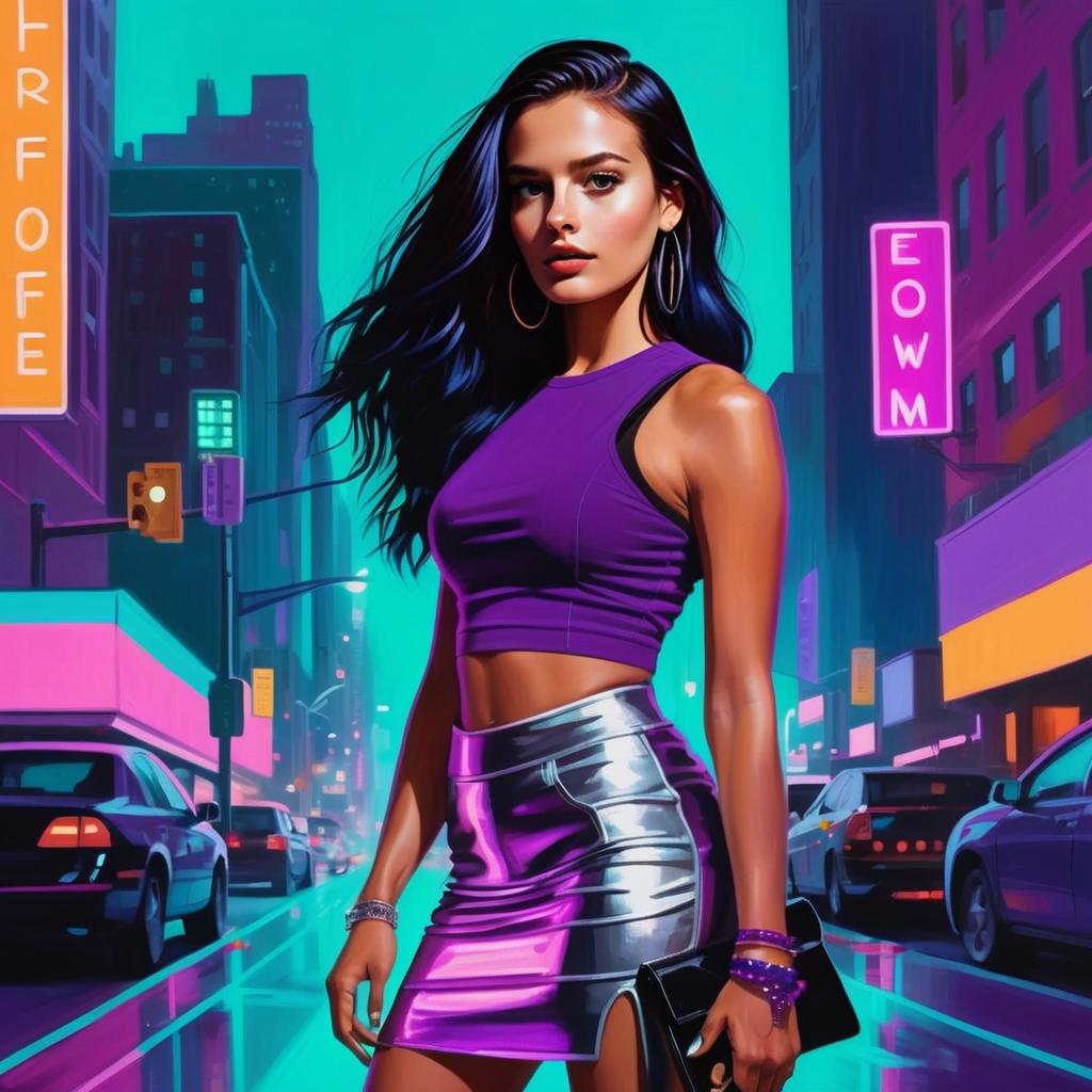 Stylish Woman in Neon City at Night