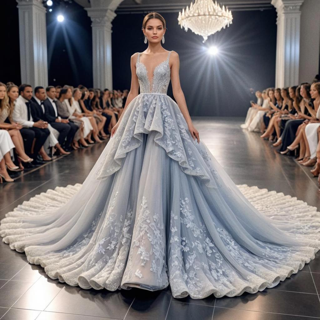 Elegant Model in Floral Embroidered Gown on Runway