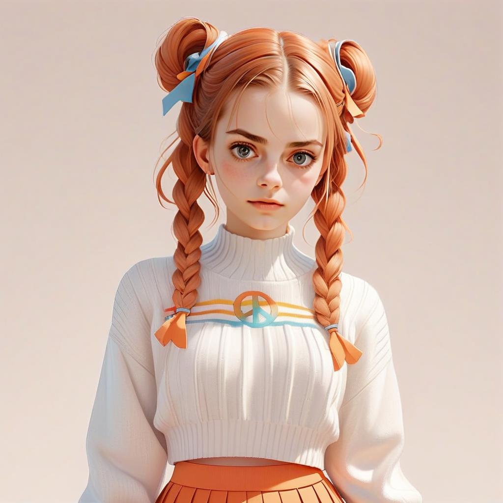 Young Woman with Braided Red-Orange Pigtails and Colorful Outfit