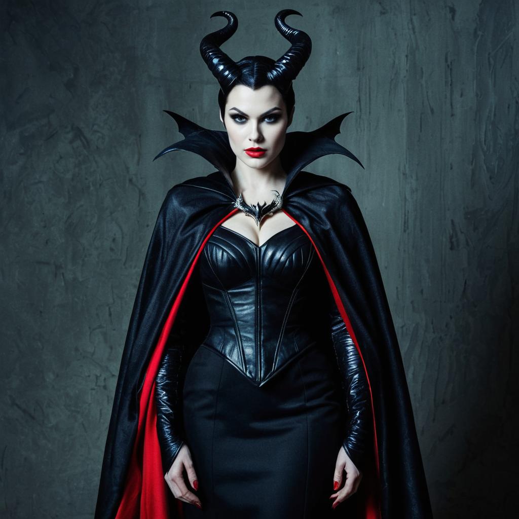 Maleficent Evil Queen Woman in Black Leather Dress with Horned Headpiece
