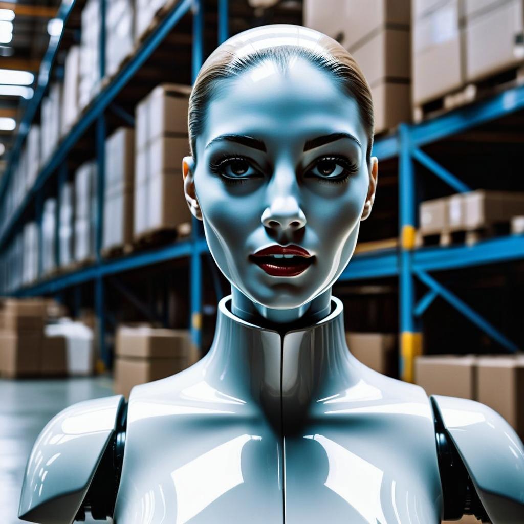 Futuristic Humanoid Robot in Warehouse