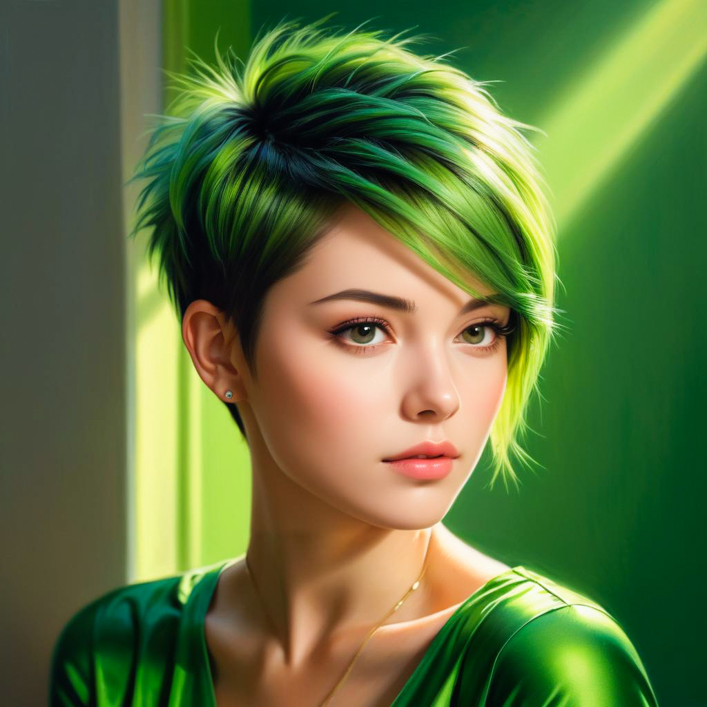 Portrait of a Woman with Green Hair and Outfit