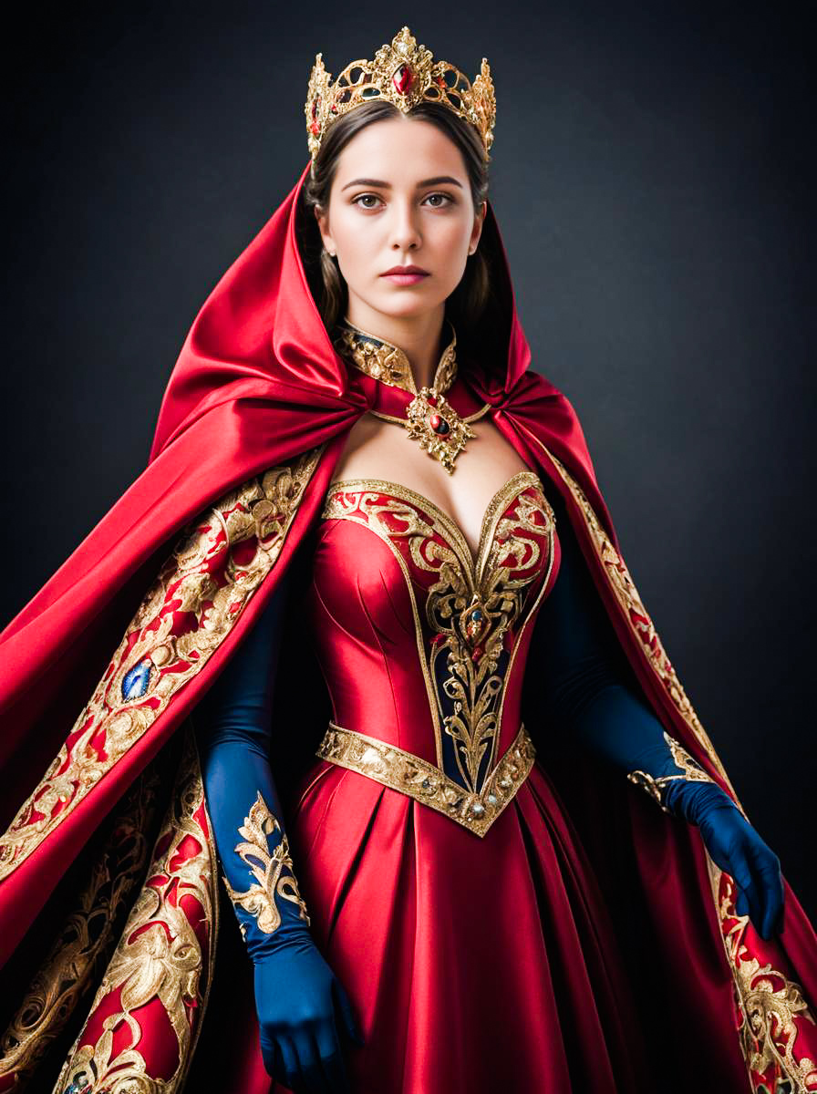 Regal Woman in Red Gown with Gold Accents