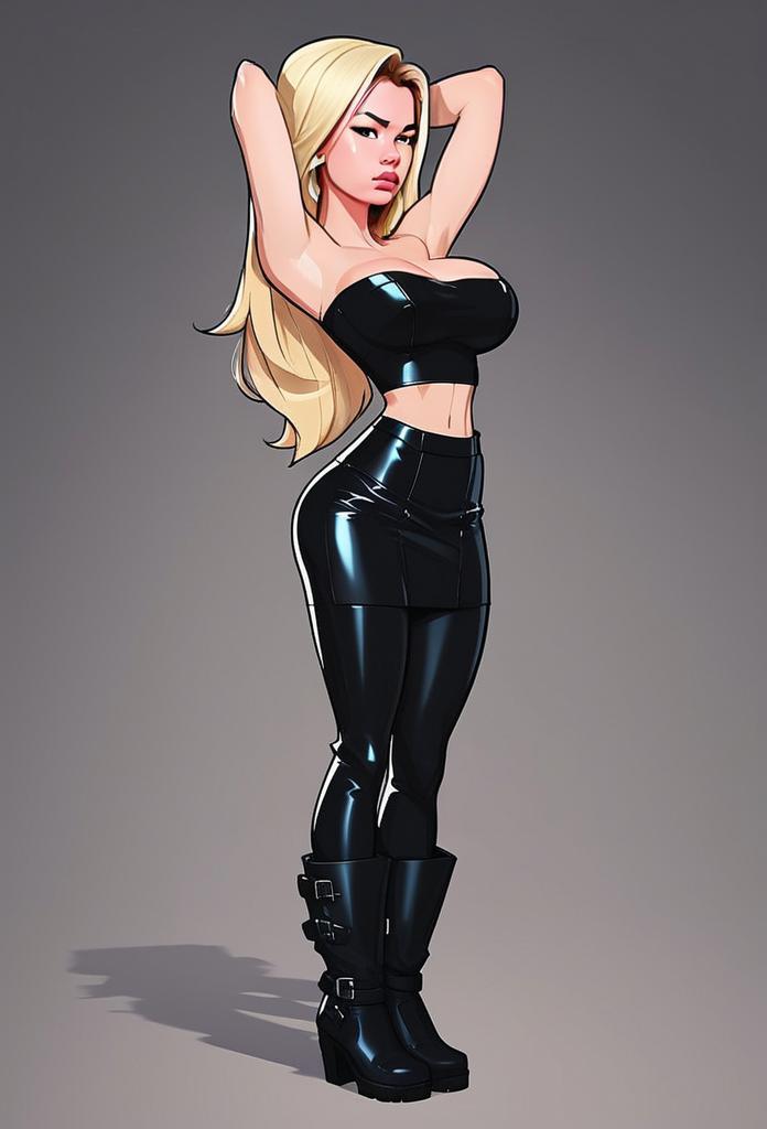 Stylish Blonde Woman in Black Glossy Outfit Digital Illustration