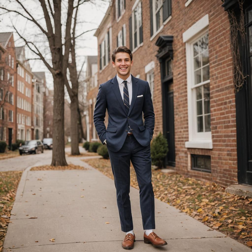 Confident Man in Blue Suit on Sidewalk