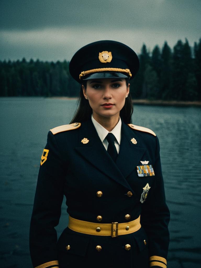 Woman Captain in Formal Military Uniform Standing by Lake