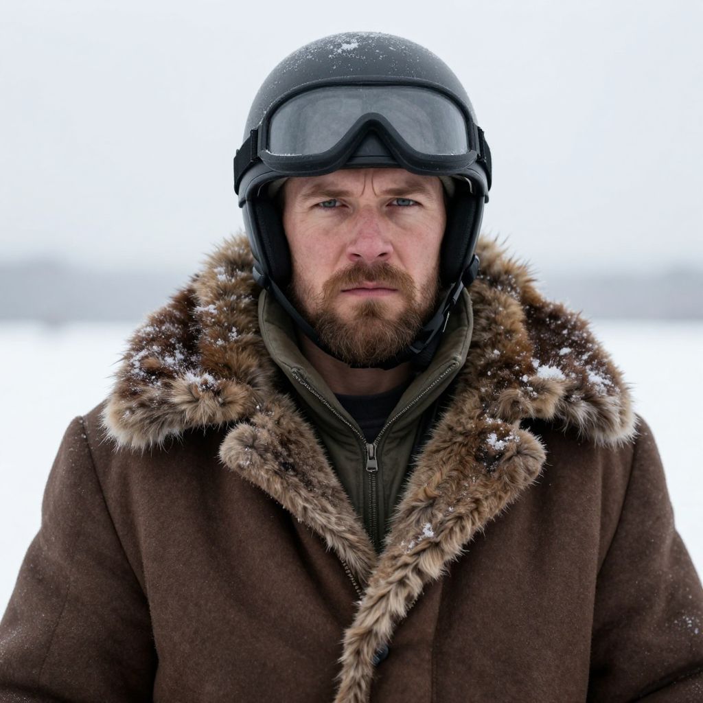 Man Wearing Vintage Aviator Helmet and Fur Collar Coat in Snow