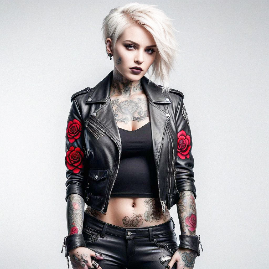 Bold Woman in Leather Jacket with Red Roses