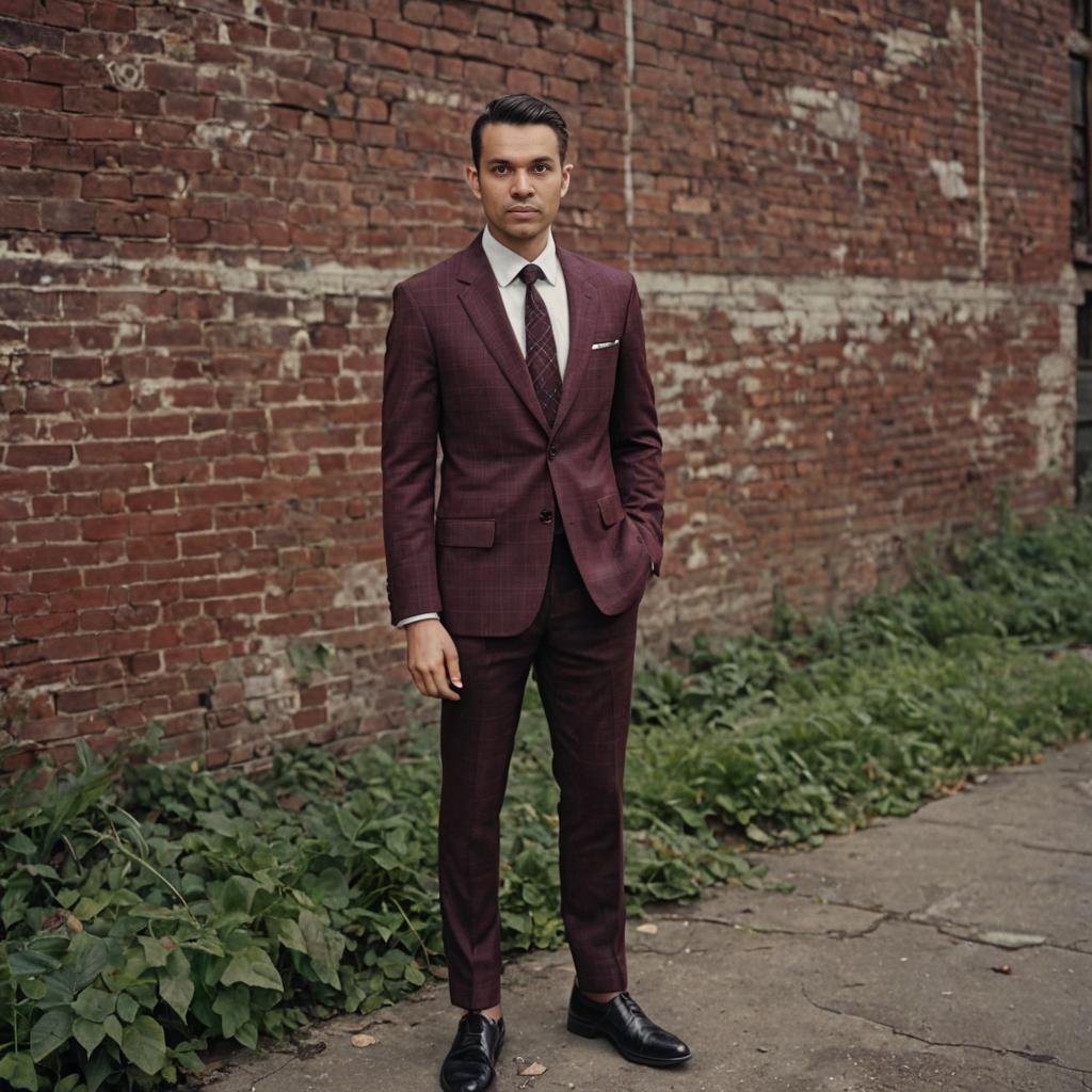 Stylish Man in Burgundy Suit Against Brick Wall