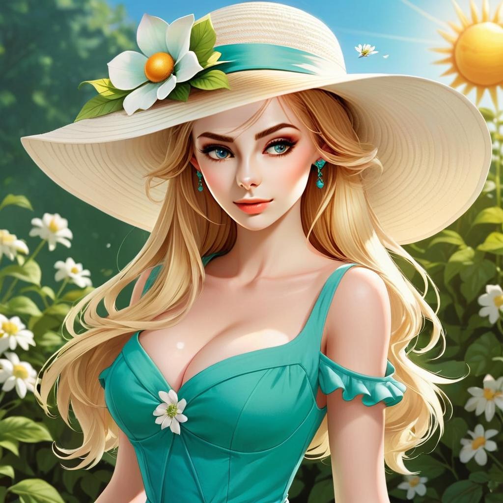 Woman in Turquoise Dress with Flower Hat in Field Woman in Turquoise Dress with Flower Hat in Field