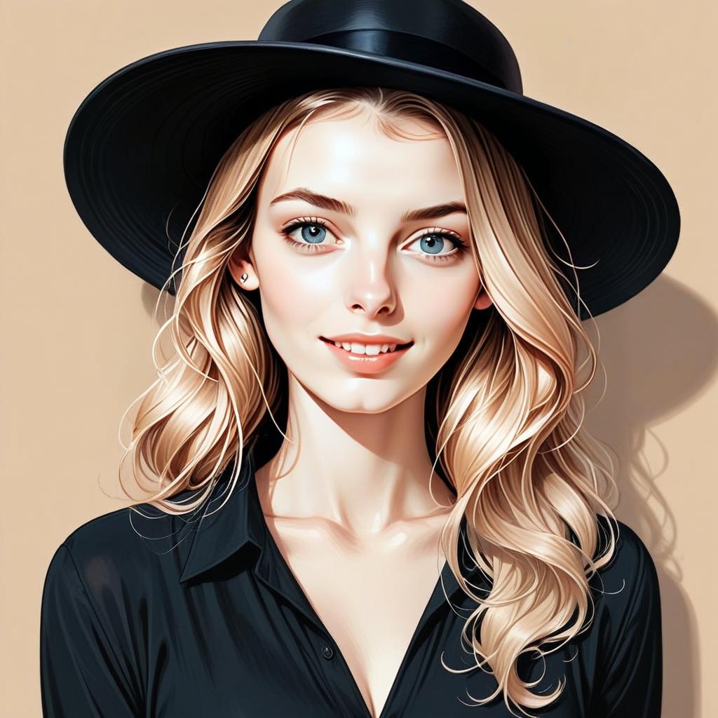 Young Woman in Black Hat and Shirt Young Woman in Black Hat and Shirt