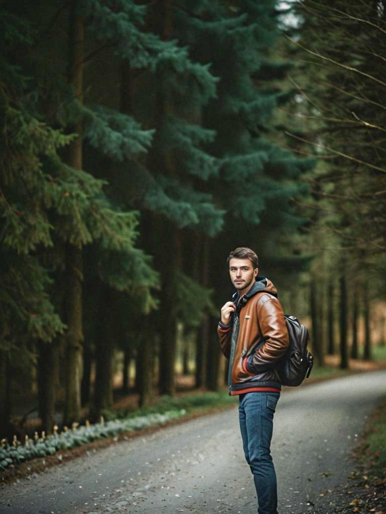 Young Man on Serene Forest Path