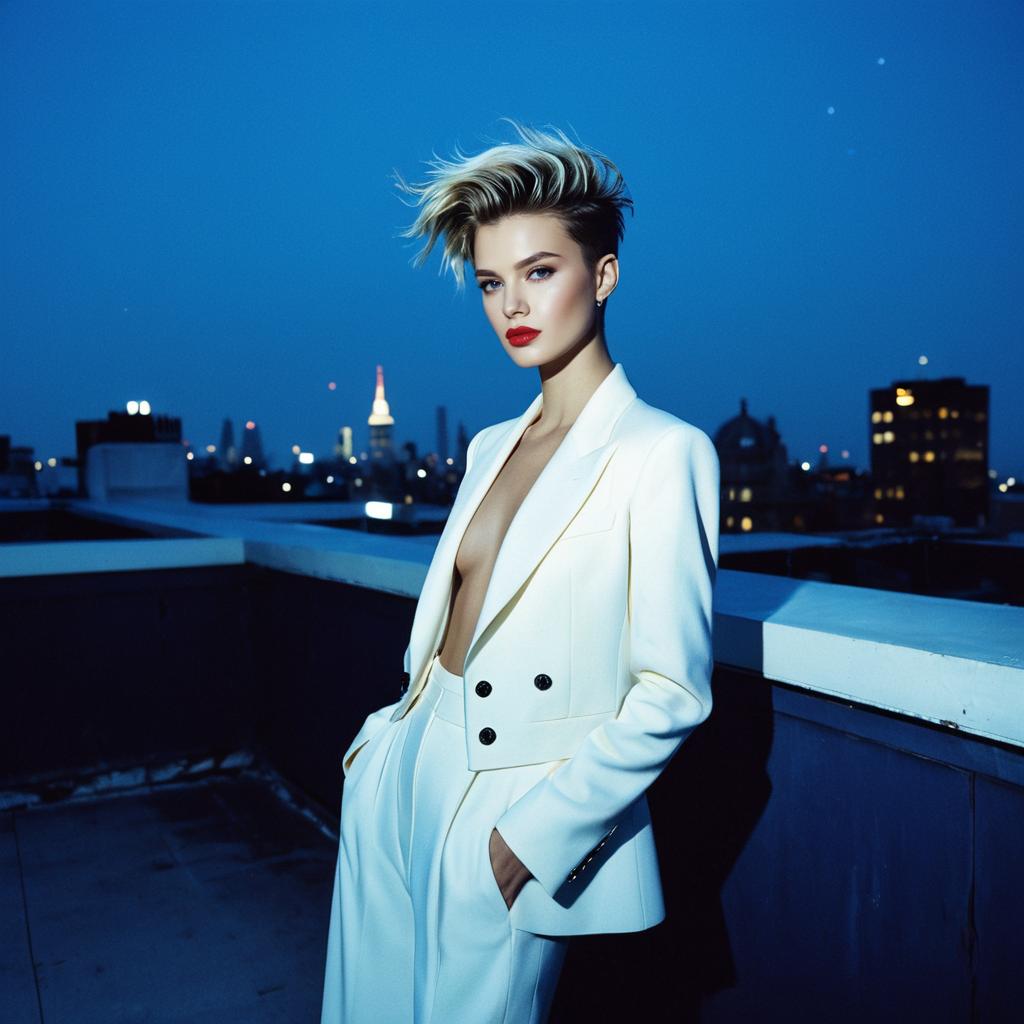 Edgy Woman in White Suit on Rooftop at Dusk Fashion Portrait