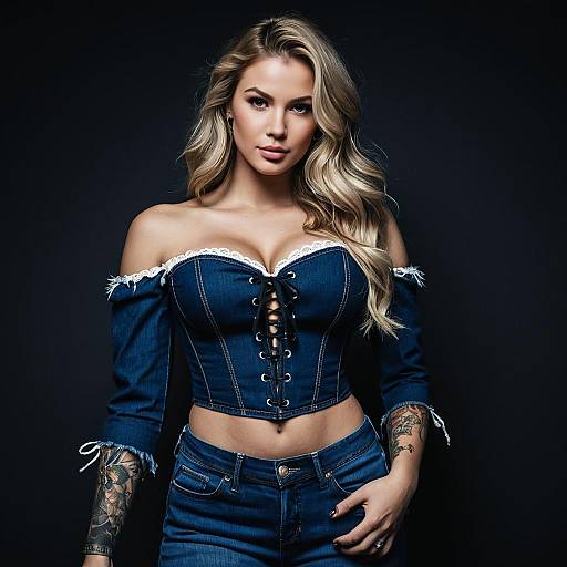 Confident Blonde Woman Wearing Denim Corset Top and Jeans with Tattoos