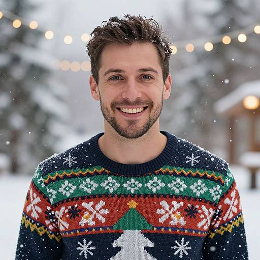 Smiling Man Wearing Festive Christmas Sweater in Snowy Winter Outdoors