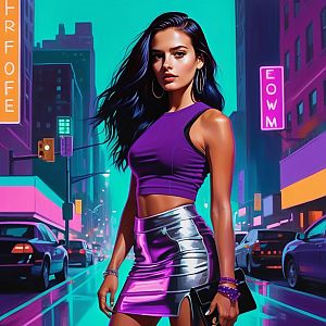 Stylish Woman in Neon City at Night