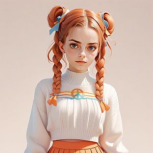 Young Woman with Braided Red-Orange Pigtails and Colorful Outfit