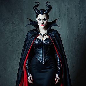 Maleficent Evil Queen Woman in Black Leather Dress with Horned Headpiece