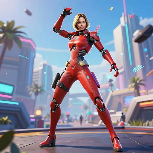 Futuristic Woman in Red Robotic Exosuit in Cyberpunk City