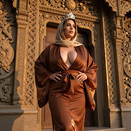 Confident Woman in Brown Satin Dress with Crown at Ornate Carved Doorway