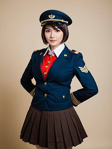 Confident Woman in Navy Military-Style Uniform with Cap and Pleated Skirt