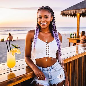 Young Woman with Lavender Braids at Beach Bar