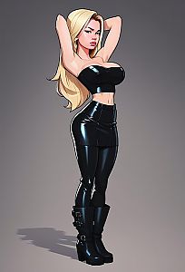 Stylish Blonde Woman in Black Glossy Outfit Digital Illustration
