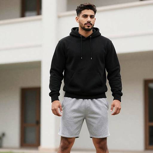 Man Wearing Black Hoodie and Gray Sweat Shorts Outdoor Casual Style