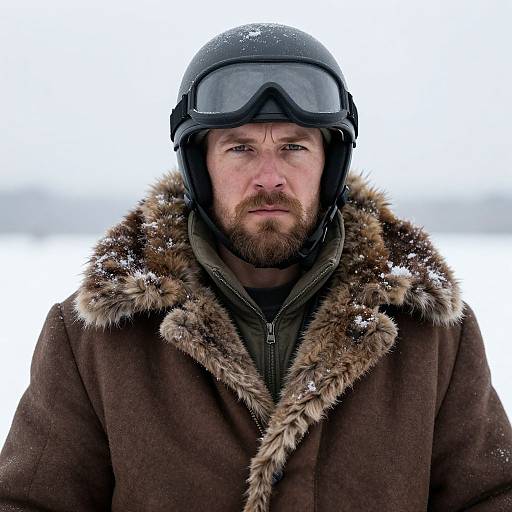 Man Wearing Vintage Aviator Helmet and Fur Collar Coat in Snow