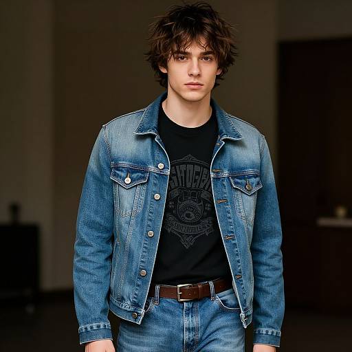 Young Man Wearing Denim Jacket and Jeans Indoor Portrait
