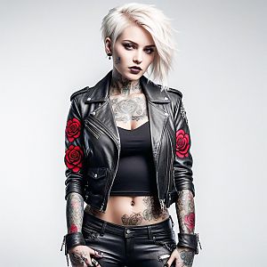Bold Woman in Leather Jacket with Red Roses