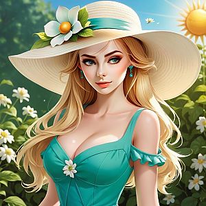 Woman in Turquoise Dress with Flower Hat in Field