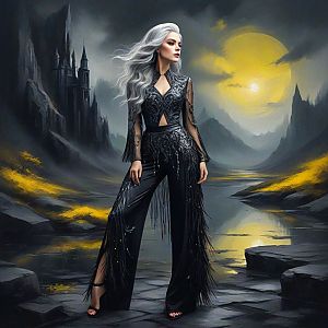 Confident Woman in Ornate Black Outfit with Mystical Landscape