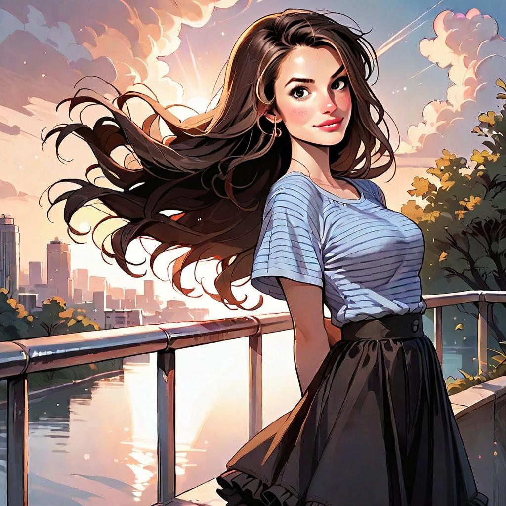 Digital Illustration of Woman on Balcony at Sunset Overlooking Cityscape