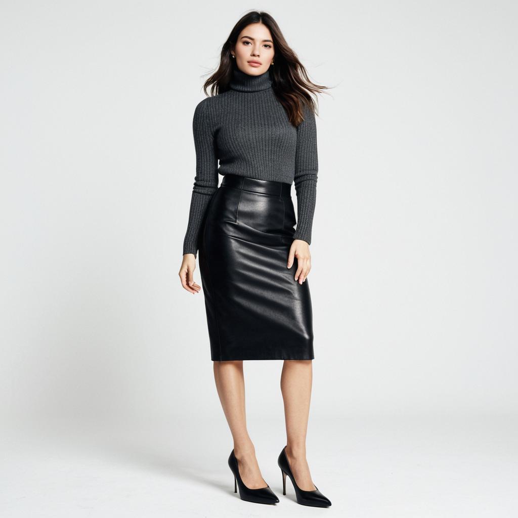 Woman in Modern Chic Charcoal Turtleneck Sweater and Black Leather Skirt