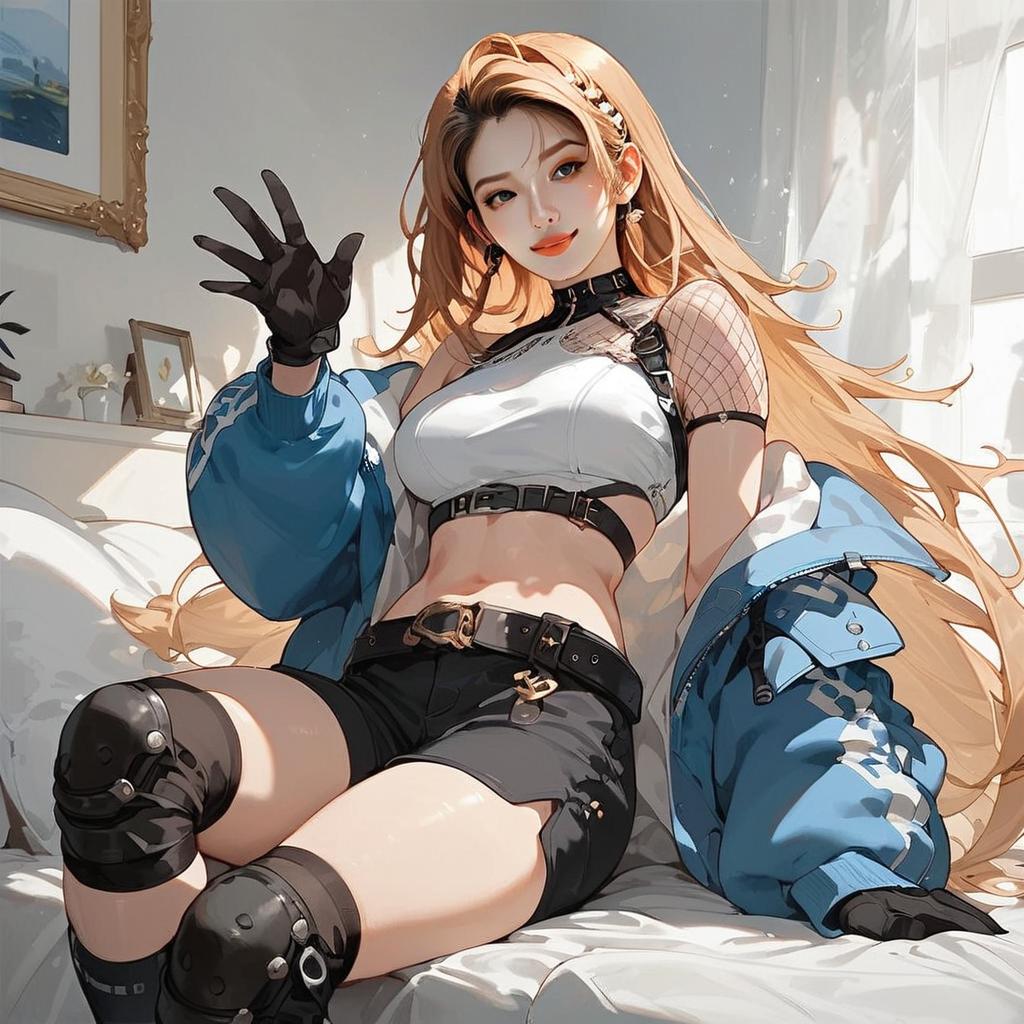 Anime Style Confident Woman in Edgy Outfit Sitting on Bed Digital Art