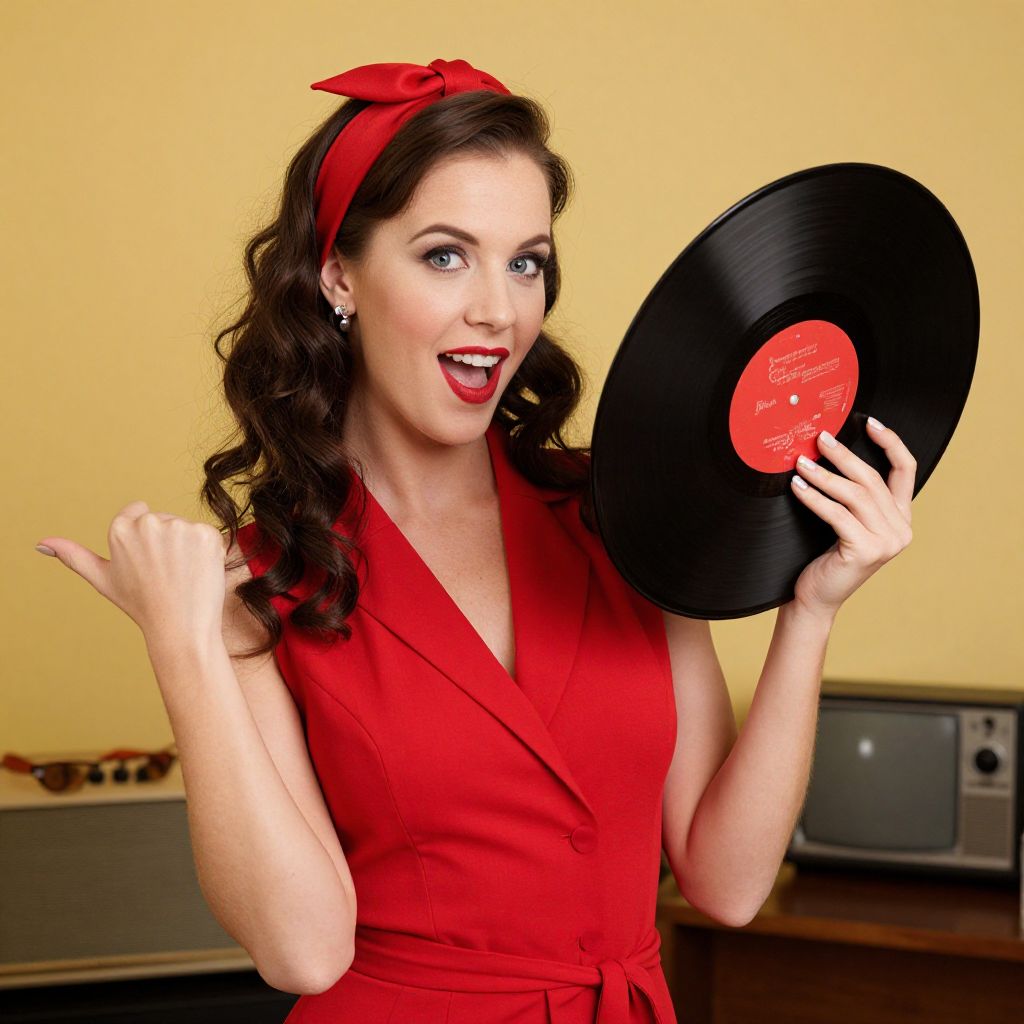 Retro 1950s Woman Holding Vinyl Record in Vintage Setting