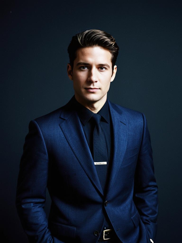 Confident Man in Navy Blue Suit with Black Shirt and Tie