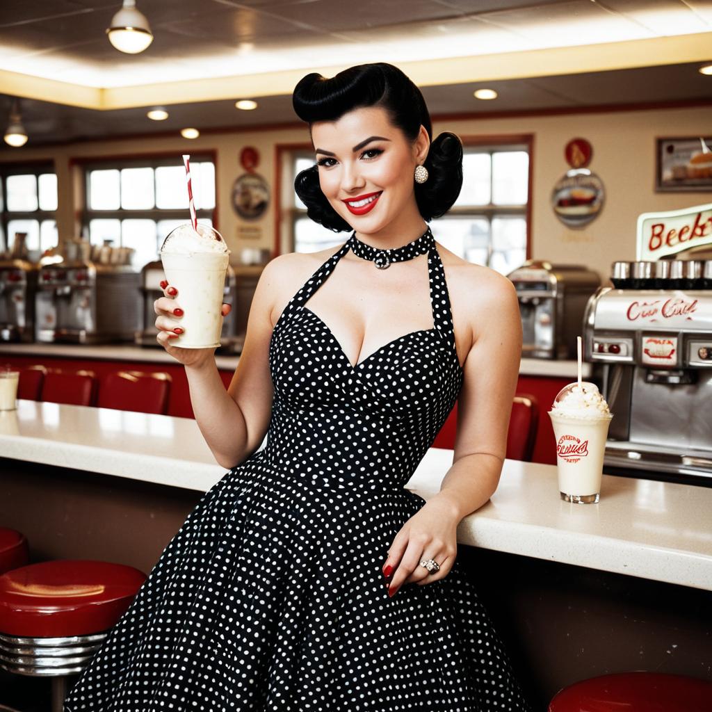 1950s Retro Woman in Polka Dot Dress Holding Milkshake in Vintage Diner