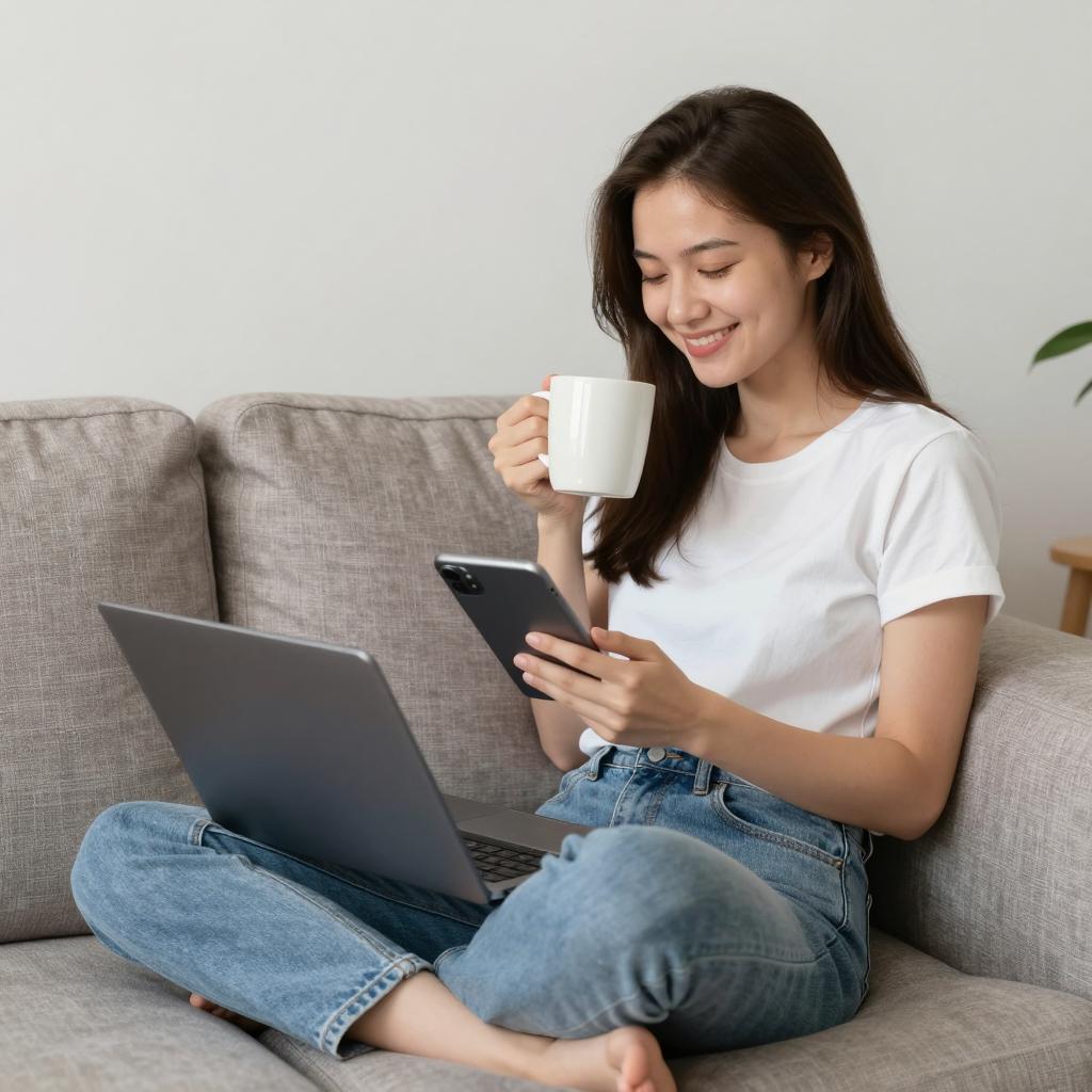 Gen Z Woman Relaxing with Laptop and Smartphone on Couch