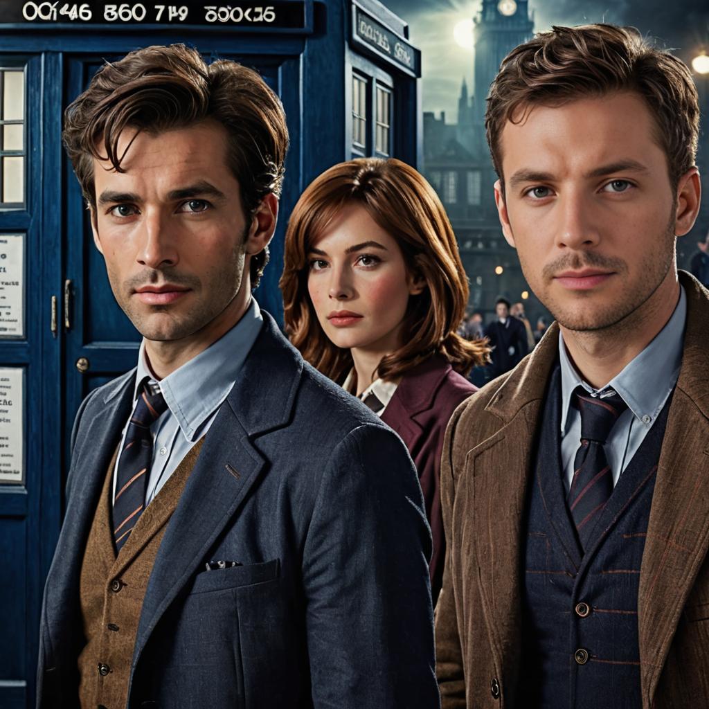 Three individuals in Doctor Who costumes by the TARDIS