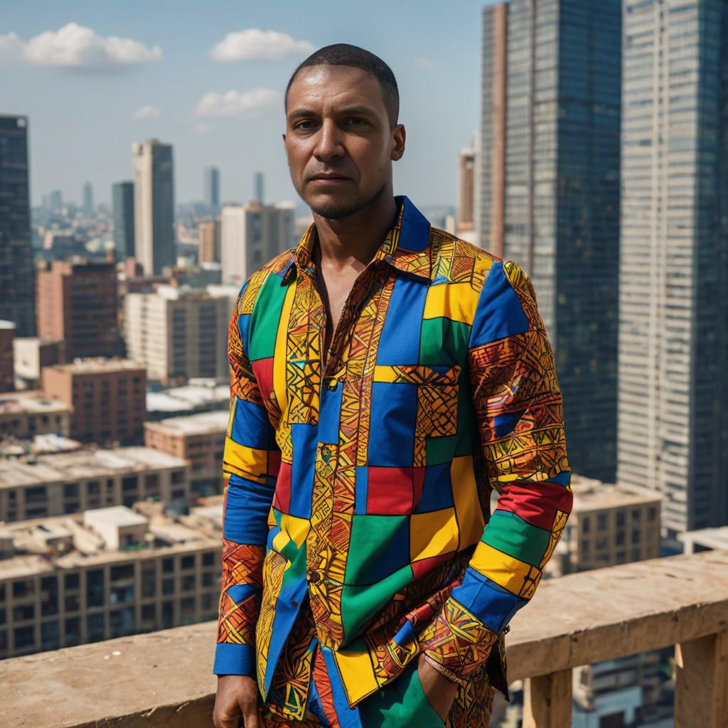 Confident man in vibrant geometric shirt with city skyline