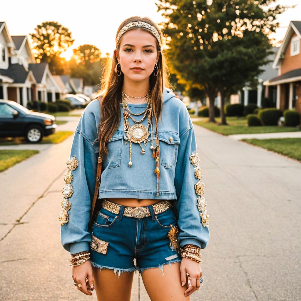 Fashionable Young Woman in Bohemian Style at Sunset