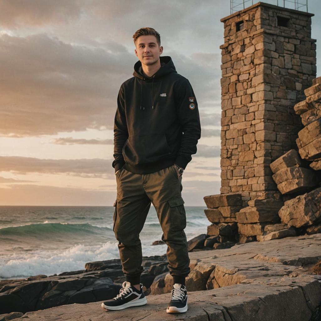 Confident Man on Rocky Coastline at Sunset