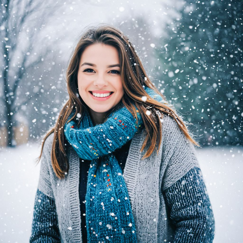 Cheerful woman in cozy sweater and blue scarf on snowy day